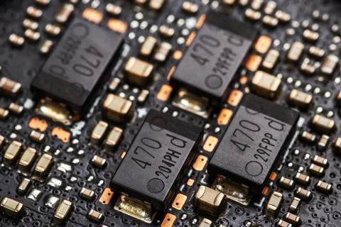 Detail of electronic components and microchips on a video card. Latest gene.. Stock Photos
