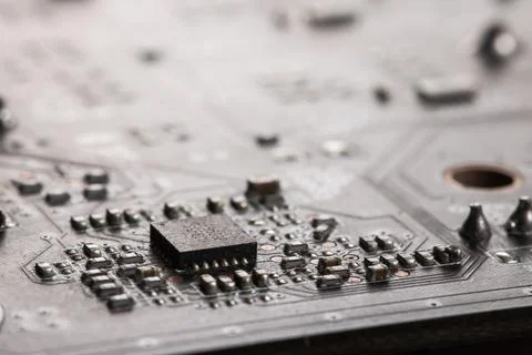 Detail of electronic components and microchips on a video card. Latest genera Stock Photos