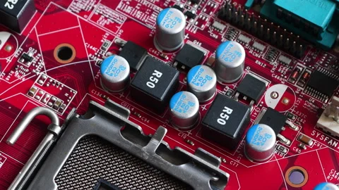 Detail of electronic components on modern PC Motherboard. Stock Footage 233074287