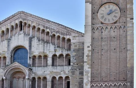 Detail of the facade and the tower of the cathedral of Parma Stock Photos