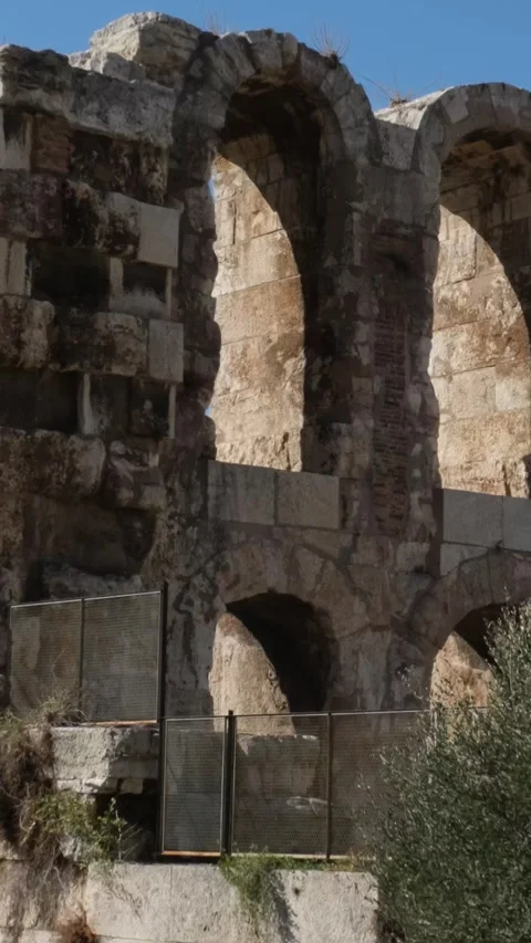 Detail of facade of Odeon of Herodes Atticus, Acropolis, Athens, Greece Stock Footage 302084674