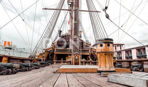Detail of galeone neptune ship, tourist attraction in genoa, italy Stock Photos
