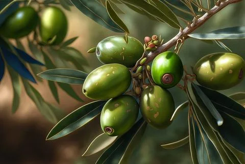 Detail of green olives developing to create oil on the tree. Generative AI Stock Illustration