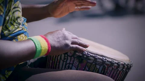 Detail of Hands Drumming Rhythm on Percussion Djembe at Outdoor Music Festival Video stock 343631066