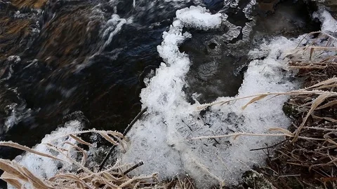 Detail of ice on small flowing winter stream 스톡 동영상 71289313