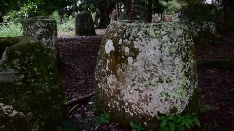 Detail of the jars at the Plain of Jars,  Laos Stock Footage 71151931