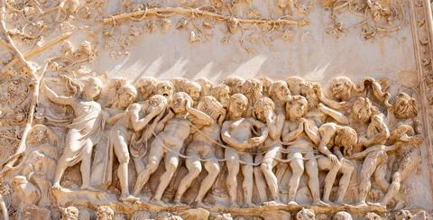 Detail of the Last Judgment, external bas-relief of the facade of the famous Stock Photos