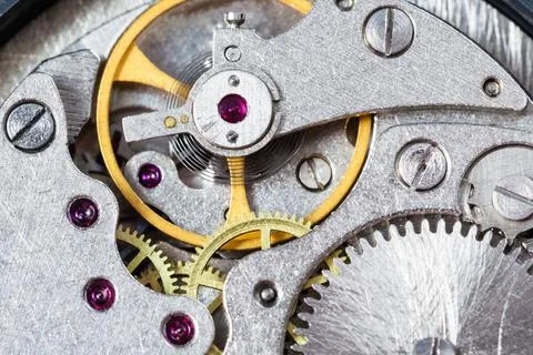 Detail of mechanical clockwork watchmaker workshop - detail of mechanical ... Stock Photos