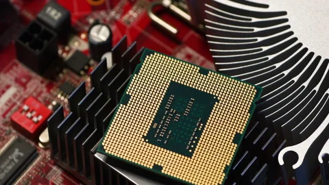 Detail of a modern computer processor over aluminum heat sink Stock Footage 232425317