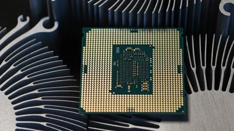 Detail of a modern computer processor on top of aluminum heat sinks Stock Footage 232424488