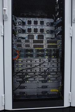 Detail of modern hi tech data server in network center Network switch and ... Foto stock
