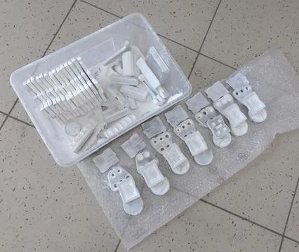 Detail objects printed on a 3D printer and covered with white polyamide powder Stock Photos