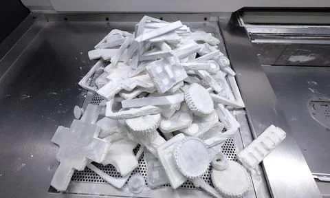 Detail objects printed on a 3D printer and covered with white polyamide powder Stock Photos