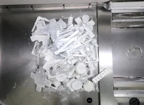 Detail objects printed on a 3D printer and covered with white polyamide powder Stock Photos