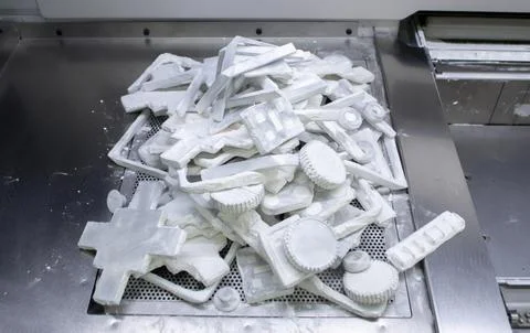 Detail objects printed on a 3D printer and covered with white polyamide powder Stock Photos