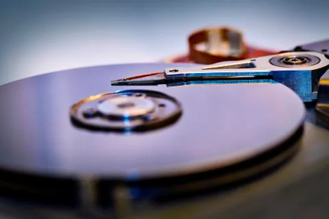 Detail of an opened computer hard disc drive, storage device Stock Photos