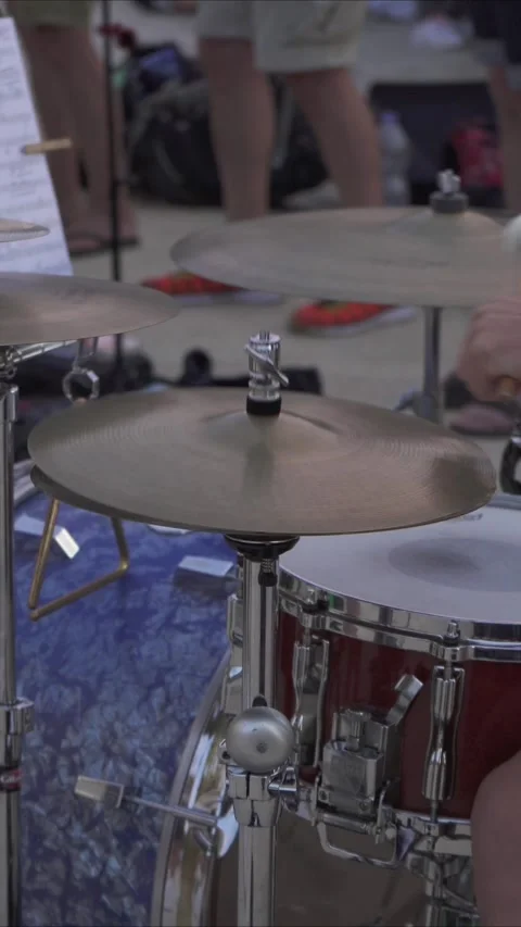 Detail oriented vertical video of the drummer's musical equipment. Stock Footage 270529540