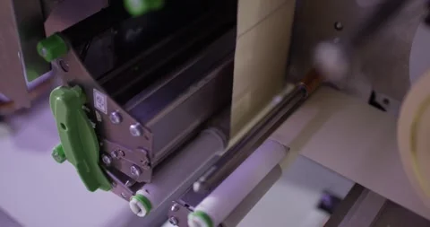 Detail of a packaging machine with green levers and film, Food Factory Stock Footage 340016050