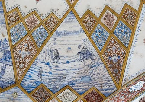 Detail Of A Painted Ceiling In Bagh-e Tarikhi-ye Fin Garden, Isfahan Province, Stock-Fotos