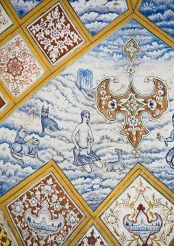 Detail Of A Painted Ceiling In Bagh-e Tarikhi-ye Fin Garden, Isfahan Province, Stock Photos