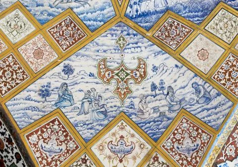Detail Of A Painted Ceiling In Bagh-e Tarikhi-ye Fin Garden, Isfahan Province, Stock Photos