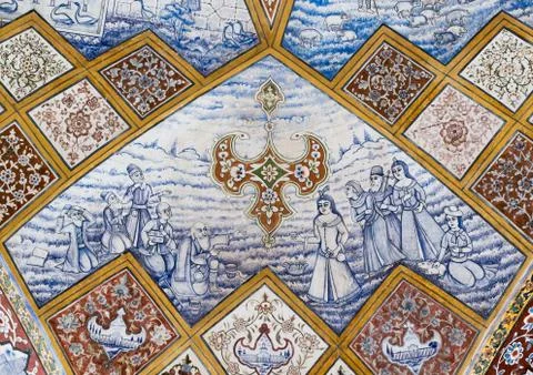Detail Of A Painted Ceiling In Bagh-e Tarikhi-ye Fin Garden, Isfahan Province, Stock Photos