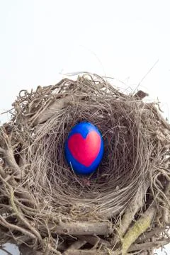 Detail of painted Easter egg with a red heart placed in a nest in white isola Stock Photos