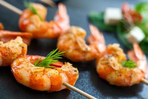 Detail of prawn brochette. Stock Photos
