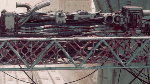 Detail of a rusty metal structure with pipes and wires in an industrial setting Stock Footage 343575207