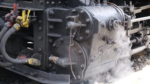 Detail shot of steam train engine with smoke. Black train composition, waiting Stock Footage 243755109