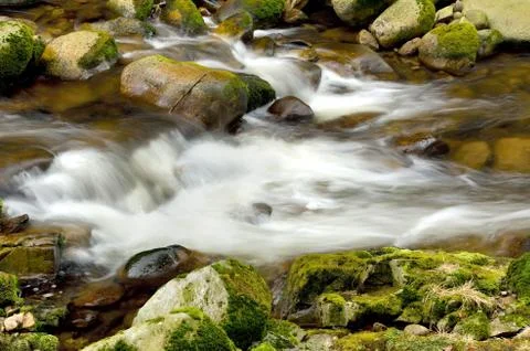 Detail of small beautiful cascade between mossy stones. Stock Photos