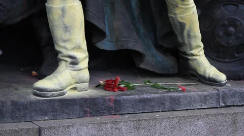 Detail of a Soviet monument in Sofia painted in colours of Ukraine Stock Footage 35527557