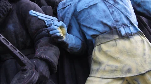 Detail of a Soviet monument in Sofia painted in colours of Ukraine Stock Footage 35527590