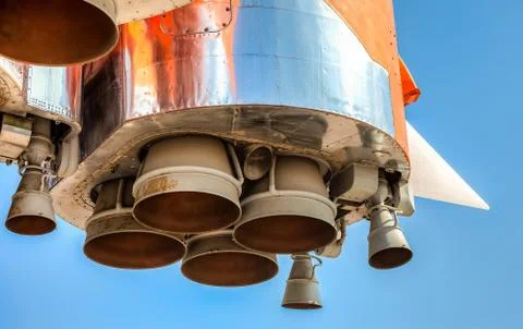 Detail of space rocket engine against the blue sky Stock Photos