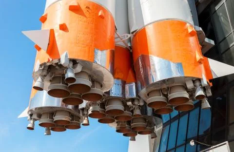 Detail of space rocket engine against the blue sky background Stock Photos