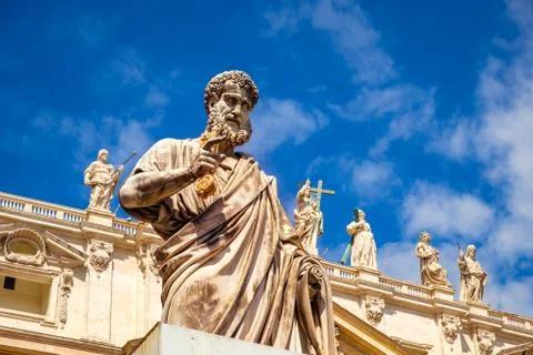 Detail of statue of St Peter in front of St Peters basilica, Vatican Stock Photos