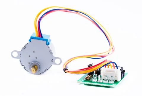 Detail of stepper motor and controller for arduino isolated on white background. Stock Photos
