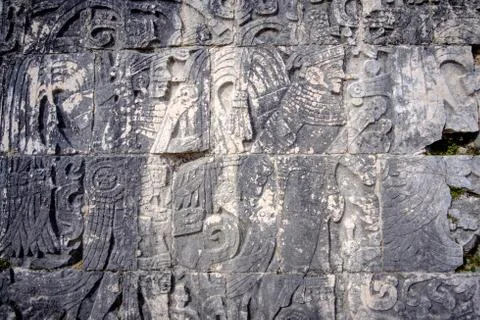 Detail of stone carvings in archeological site Chichen Itza Stock Photos