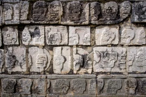 Detail of stone carvings in famous archeological site Chichen Itza Stock Photos