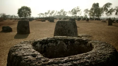 Detail of Stone Jar at the Plain of Jars near Phonsavan (Laos) Video stock 74202301