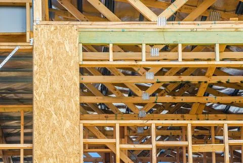 Detail of timber wall frames on a building site Stock Photos