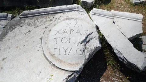Detail view of historical objects in the ancient city of Asklepion Stock Footage 250939690