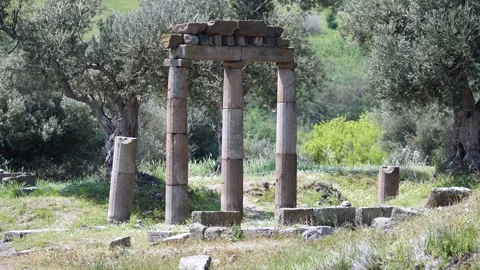 Detail view of historical objects in the ancient city of Asklepion Stock Footage 250939788