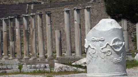 Detail view of historical objects in the ancient city of Asklepion Stock Footage 250940016
