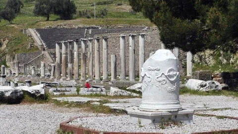 Detail view of historical objects in the ancient city of Asklepion Stock Footage 250940182