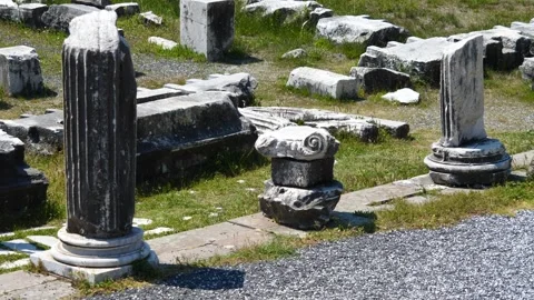 Detail view of historical objects in the ancient city of Asklepion Stock-Footage 250940468