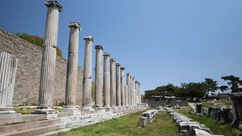 Detail view of historical objects in the ancient city of Asklepion Stock Footage 250941091