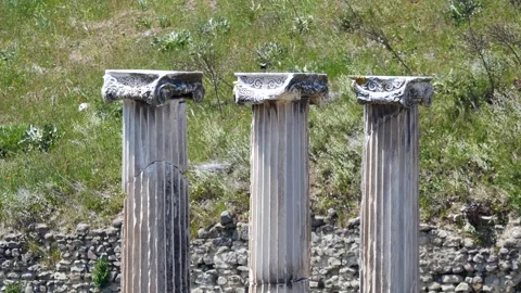 Detail view of historical objects in the ancient city of Asklepion Stock Footage 250941216