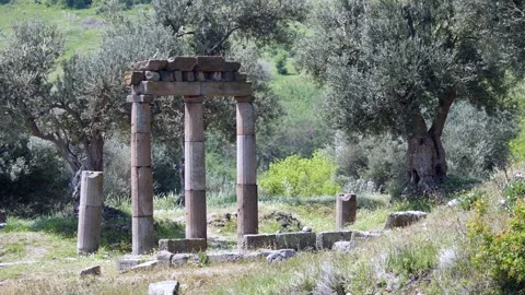 Detail view of historical objects in the ancient city of Asklepion Vídeo Stock 250941249