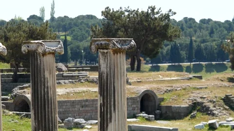 Detail view of historical objects in the ancient city of Asklepion Stock Footage 250941374